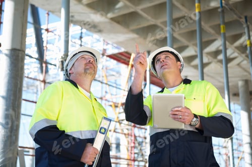 Preview: Site manager and builder looking up on construction site