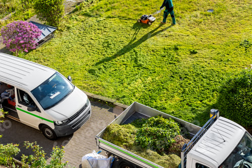 Preview: Municipal professional house landscape lawn gardening mowing maintenace and service. City grass yard