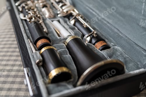 Preview: A black clarinet rests in an open case with a plush interior.