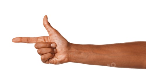 Preview: African-american man pointing at something on white background, closeup