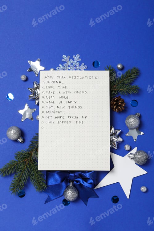 Preview: Concept of New Year Resolutions list, new year goals, top view