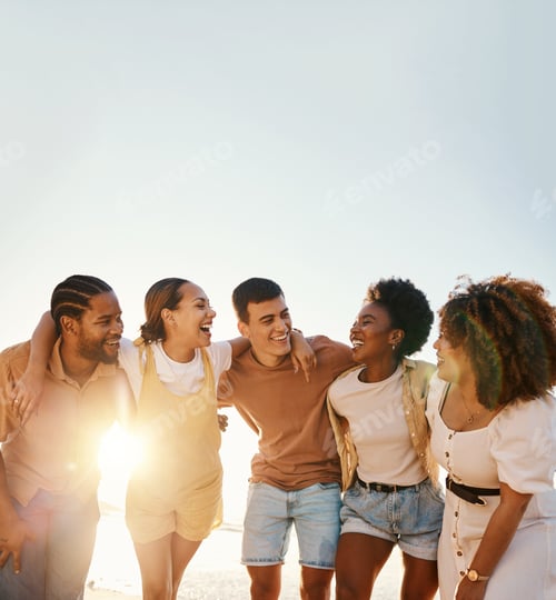 Preview: Friends, summer and people happy at sunset beach for fun, banner space and travel with a smile. Div