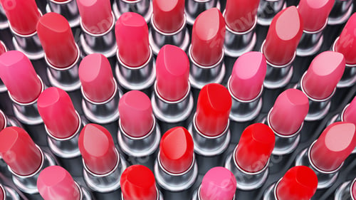 Preview: Collection of lipsticks in different tones of red. Beauty product, cosmetics, makeup. Top view.