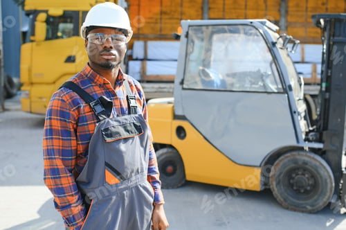 Preview: Portrait of a happy African American male worker driving forklift at workplace