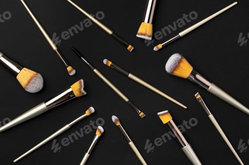 Preview: Collection of make up brushes on black background