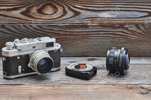 Preview: Vintage old retro 35mm rangefinder camera and light meter
