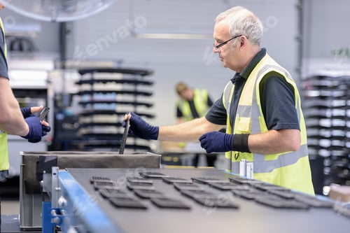 Preview: Workers with automotive parts in spray paint factory
