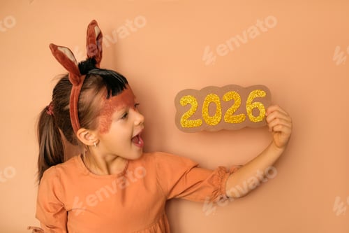 Visualização: Uma garota fantasiada de cavalo com o rosto pintado olha com alegria e alegria para os números 2026