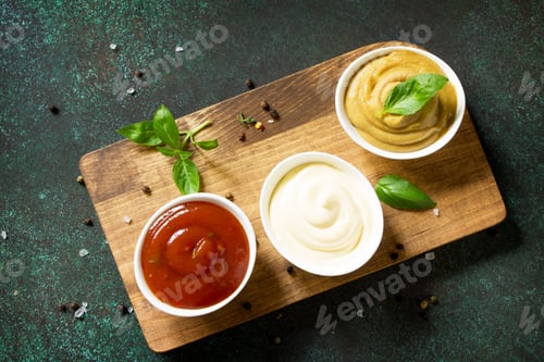 Preview: Homemade Mayonnaise Sauce on the background of stone or concrete. Top view flat lay background.