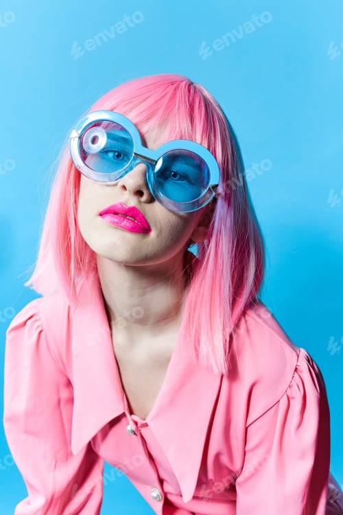 Preview: glamorous woman fashion blue glasses makeup fashion Lifestyle posing