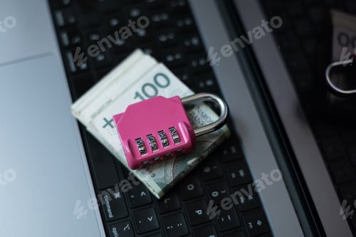 Preview: Laptop with pink lock and Polish zloty bills. Metaphor for securing personal finance, online savings