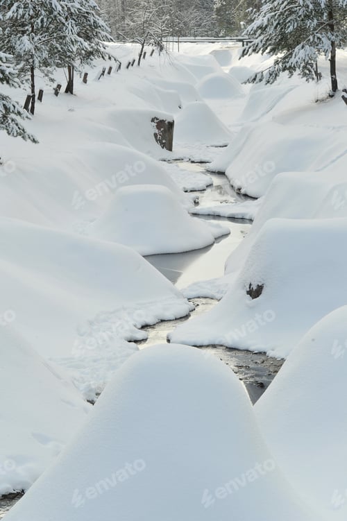 Preview: Winter landscape of a mountain river in the snow, around the forest