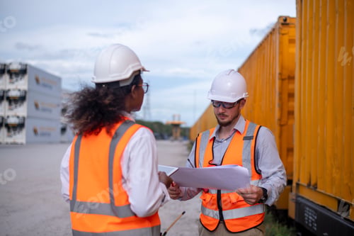 Preview: Engineers railway survey wearing safety uniform and helmet under conversation document on hand inspe