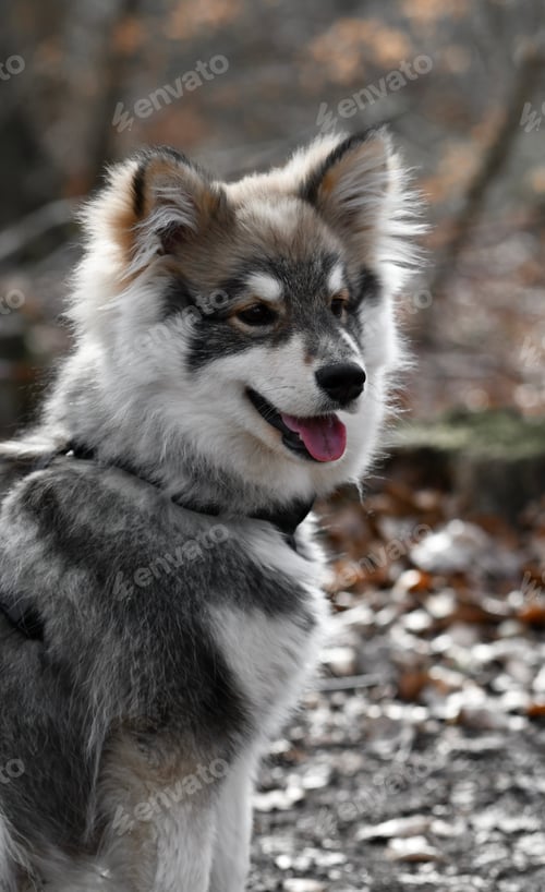 Preview: Portrait of a young puppy finnish lapphund dog in the forest