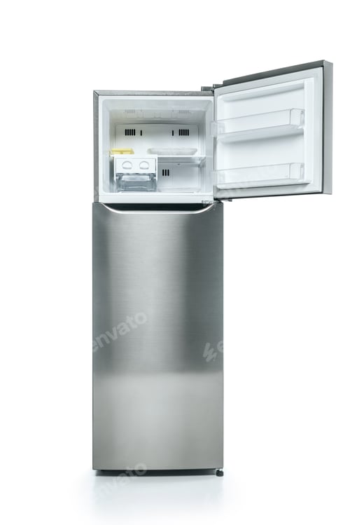 Preview: open freezer in fridge with food on shelves isolated on white