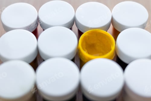 Preview: Yellow paint on the background of white lids from other cans of paint. Background.