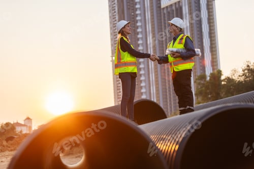 Preview: Two engineers shake hands on large water pipes at a construction site