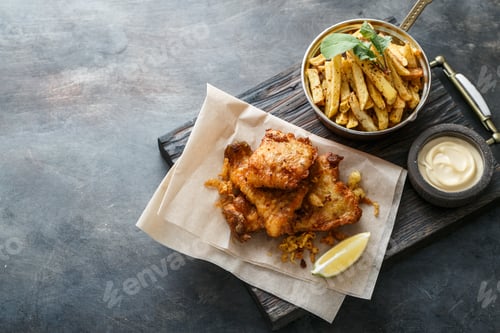 Preview: British Fish and chips with beer, top view with space