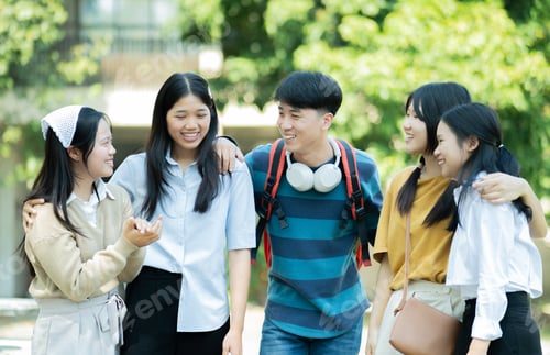 Preview: Group of happy students laughing together outdoors