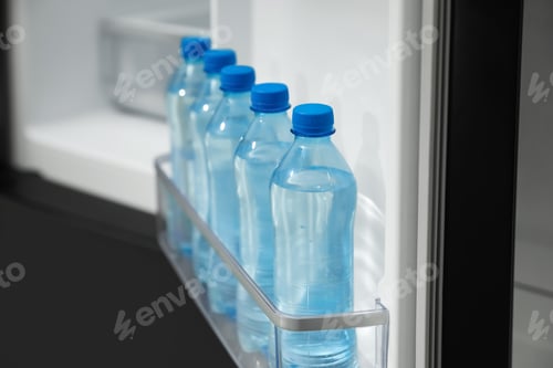 Preview: Many bottles with fresh water in fridge door bin, closeup