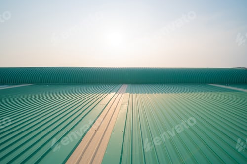 Preview: Metal sheet corrugated roof on rooftop of industry factory. Steel structure of station building
