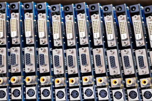 Preview: Close-up blurry metal sockets on a computer video board