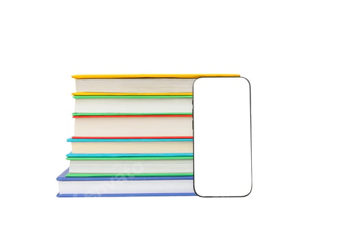 Preview: Stacked textbooks with a phone cutout, on white background