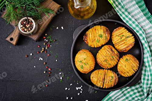 Preview: Baked potato with herbs on black background. Vegan food. Healthy meal. Top view. Flat lay
