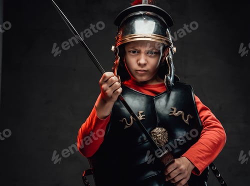 Preview: Angry roman boy warrior with sword and red cape