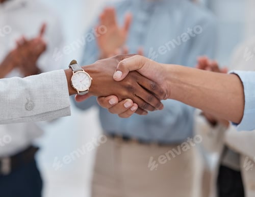 Preview: Success, welcome and handshake with business people in office for winner, deal and agreement. Contr