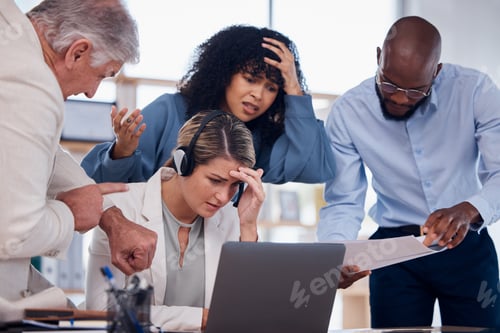 Vista previa: Stress, deadline and people at a call center with a problem in telemarketing, bad email and communi