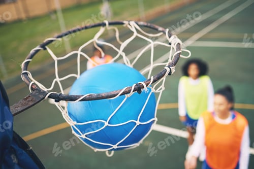 Preview: Ball in net, netball and sports outdoor with team, fitness and active lifestyle with athlete on cou