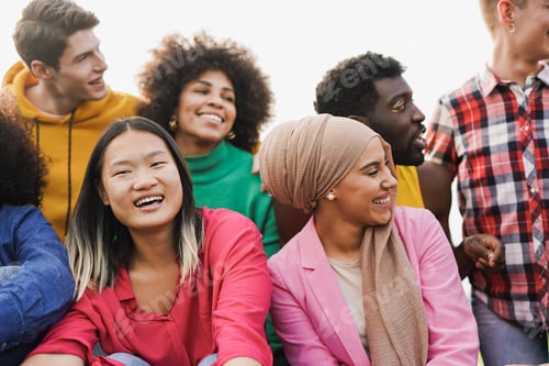 Preview: Group of multiracial young people having fun together outdoor - Focus on asian girl face