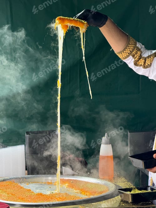 Preview: Kunafa Pastry Preparation with Hand Pulling Cheese
