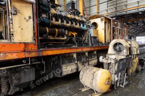 Preview: the train's diesel engine, railway track in depot of train