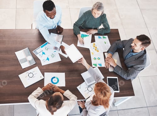 Preview: Business meeting, planning and marketing with employee and top view of documents for strategy, team