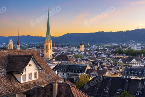 Preview: Zurich, Switzerland Cityscape with Church Steeples