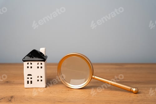 Preview: Magnifying glass and wooden house. House searching concept. Home appraisal. Property valuation.
