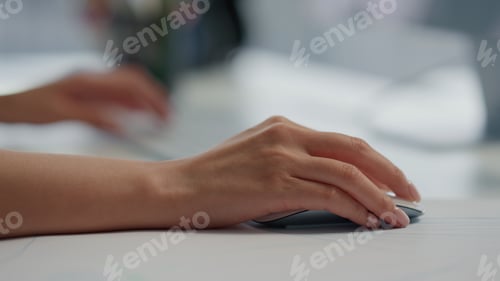 Preview: Developer hands coding keyboard light interior close up. Woman working computer