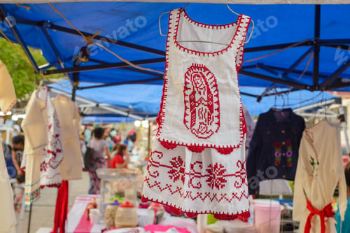 Preview: Typical costumes from Colima, Mexico, in a street market.