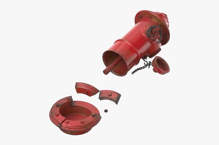 Distressed Red Fire Hydrant with Detached Components