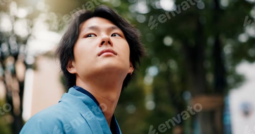 Preview: Japanese man, thinking and outdoor for commute, travel and wondering with thoughtful mind to work.