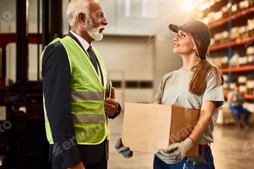 Preview: Young female worker talking to senior businessman in industrial warehouse.