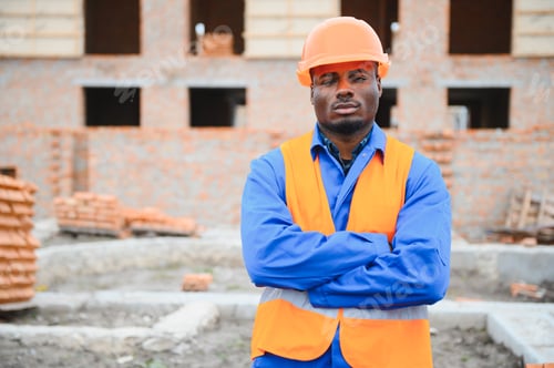 Preview: Construction african american worker in uniform and safety equipment have job on building.