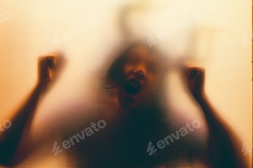 Preview: Horror, halloween background - Shadowy figure with horns behind the glass