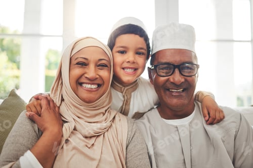 Preview: Portrait, Islam and grandparents with child for Eid with happy family in home with culture in Indon