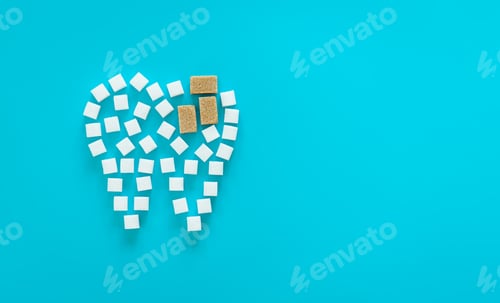 Preview: Flat lay, tooth made of sugar on a blue background.