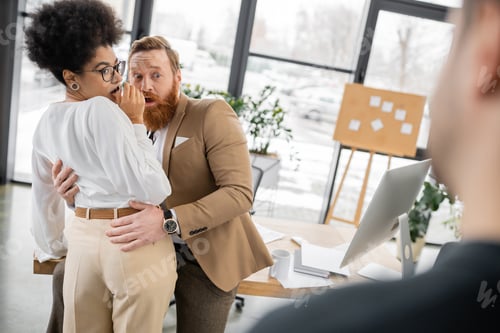 Preview: shocked african american woman getting caught by husband while cheating with bearded coworker