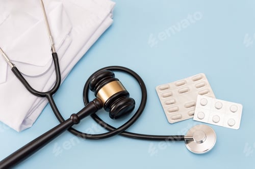 Preview: Healthcare Law Concept: Stethoscope and Gavel on Blue Background with Medication Packs