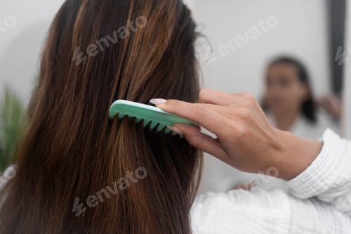 Preview: woman, in closeup, tenderly combs her long, healthy hair in front of mirror, hair care at home.